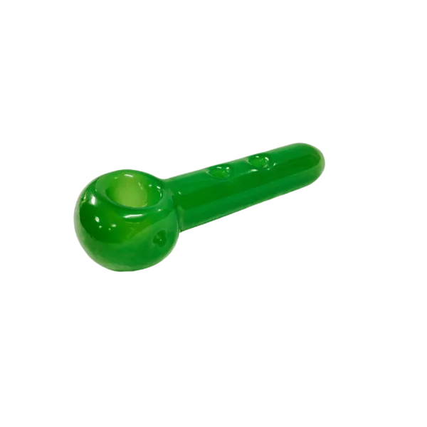 Green glass pipe with long, curved stem and small, round bowl on end. Two top holes. Sitting on green background.