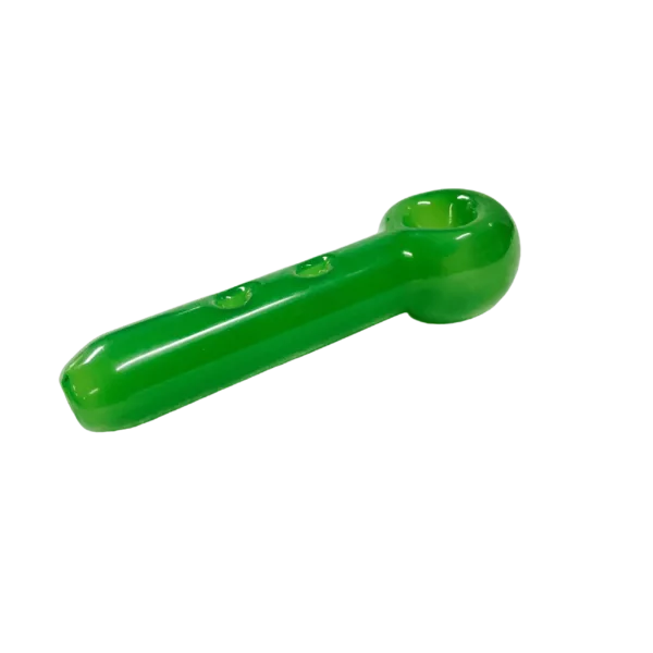 Green glass pipe with long, curved stem and small round bowl, available for 12.99.Whitebackground.⚠formula incomplete