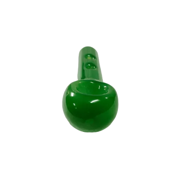 A curved green glass pipe with a small hole at the end, sitting on a green background - HP 12.99.