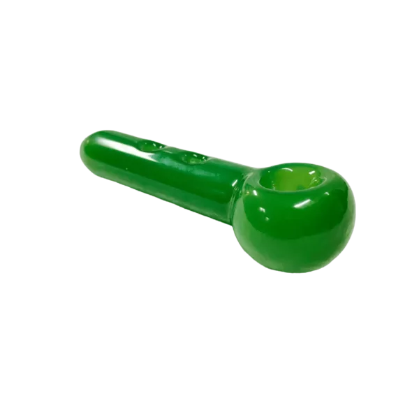 Green glass pipe with long, curved stem and small, round bowl on end.