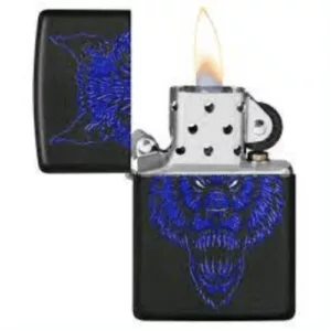 Blue wolf design on black background, fierce expression and flames on lighter.