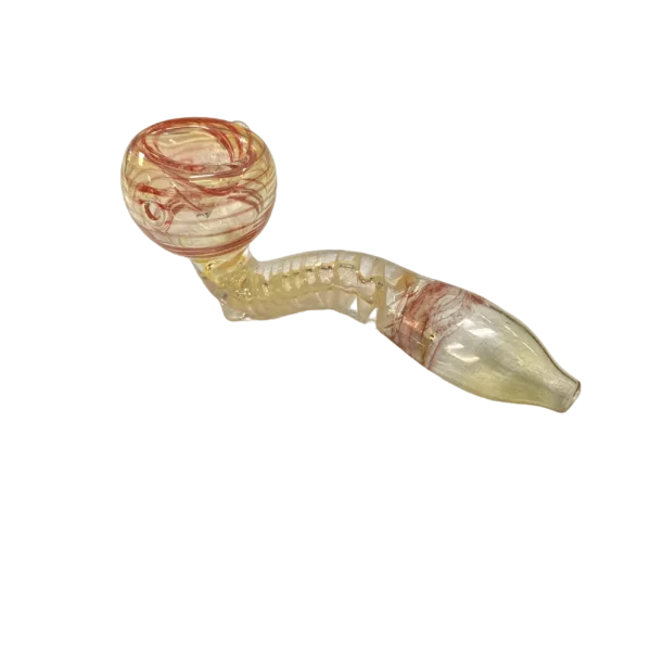Elegant glass pipe with long, curved stem and small, round bowl decorated with red and yellow stripes. Clear stem and sophisticated design.