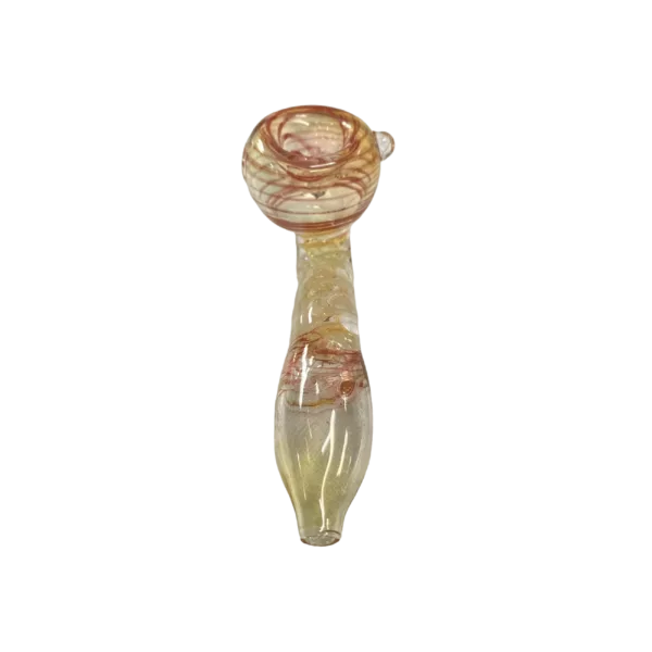 Clear glass pipe with curved stem and golden bowl, features swirling patterns on the bowl. Green background.