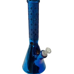 Blue Chrome Ville Luitton - GSB bong with a small and large hole at the top and bottom, a clear base, and a curved neck. It sits on a white background.