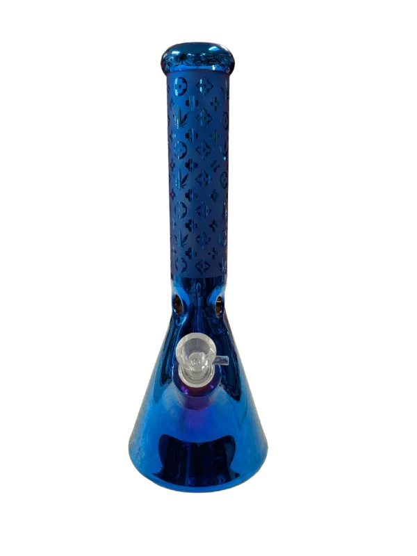 visually appealing bong with a blue glass body, clear base, and small circular percolator on top. It has a long, curved neck and sits on a white background.