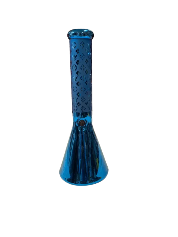 Blue Chrome Ville Luitton - GSB features a blue glass vase with a small circular hole in the center, sitting on a green background. The vase has a curved shape and is made of clear glass.