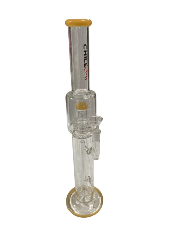 Clear glass bong with yellow base and long, curved stem. CCJLA67.