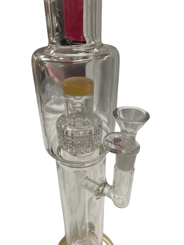 Sleek, modern glass bong with clear cylinder shape, yellow handle, and long curved neck. Mouthpiece has small circular ring and overall appearance is smooth and glossy.