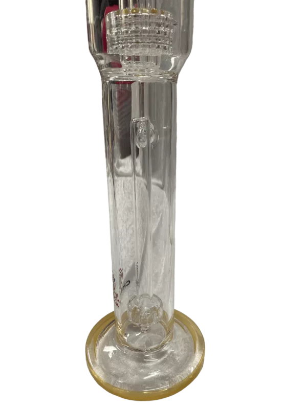Chill Glass Tall Boy beaker with clear, cylindrical shape and gold base. Perfect for chilling your favorite drinks.