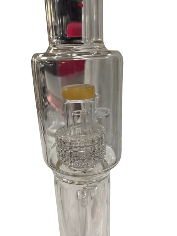 clear glass bong with a red and yellow design on the outside, featuring a small, round base, long curved neck, and mouthpiece with a small circular ring. It is in good condition and not damaged.
