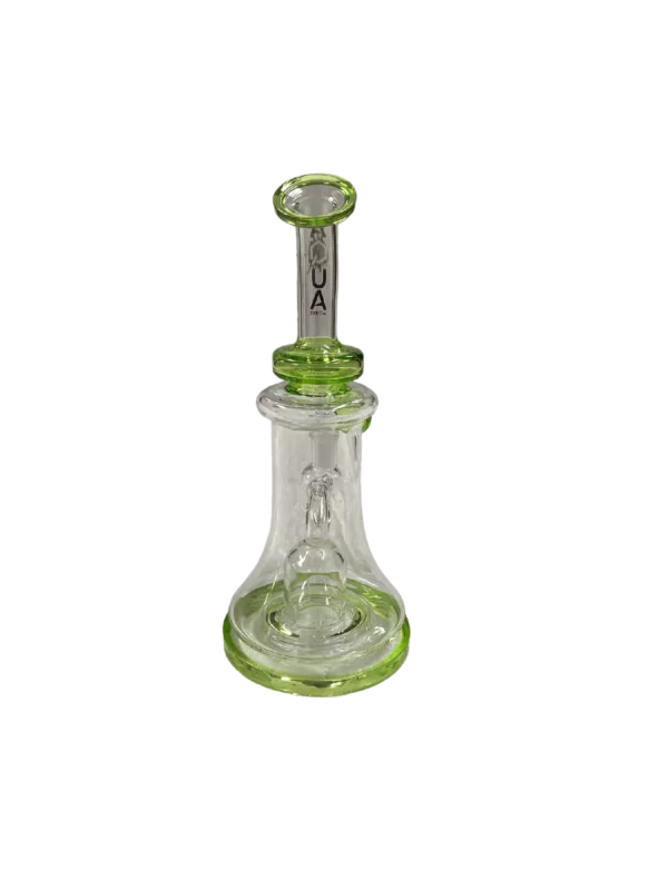 Stylish glass bong with clear stem and green base. Features small, round base and long, curved stem. Perfect for a smoke session.