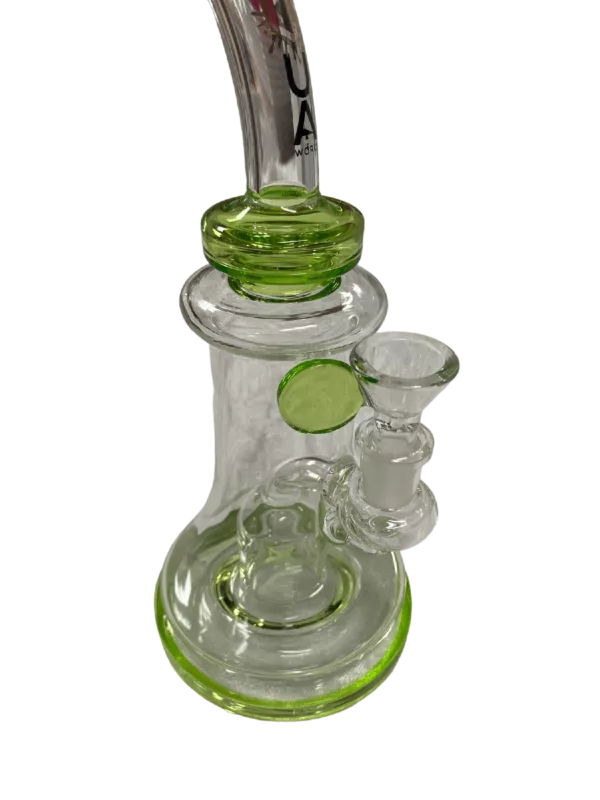 Enjoy smooth hits with the Aqua Works Rig - GSB1351, featuring a green glass stem, clear base, and two connected bowls for a unique smoking experience.