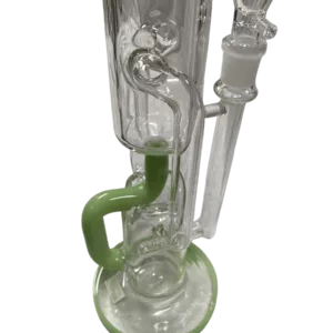 Glass bong with clear body, green handle, small round base, long curved neck, mouthpiece with circular base, white background.