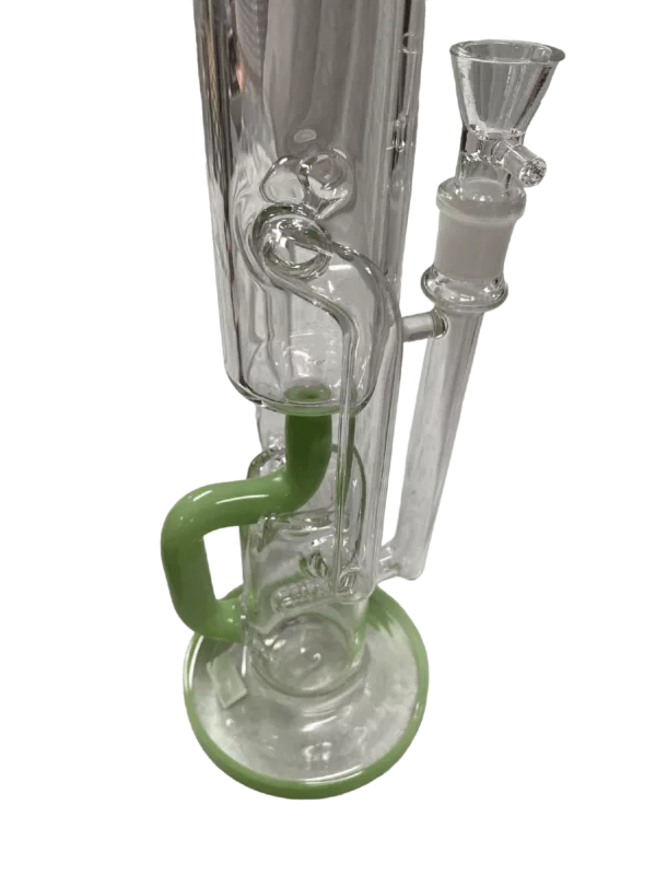 Glass bong with clear body, green handle, small round base, long curved neck, mouthpiece with circular base, white background.