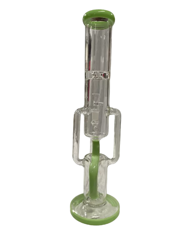Glass bong with clear body, green handle, and side tube recycler. sits on a clear glass stand with a small, circular base.
