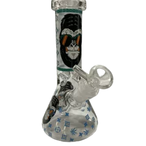 Colorful glass bong featuring a monkey character holding a pipe, with a blue and white striped stem and base. A simple and fun design.