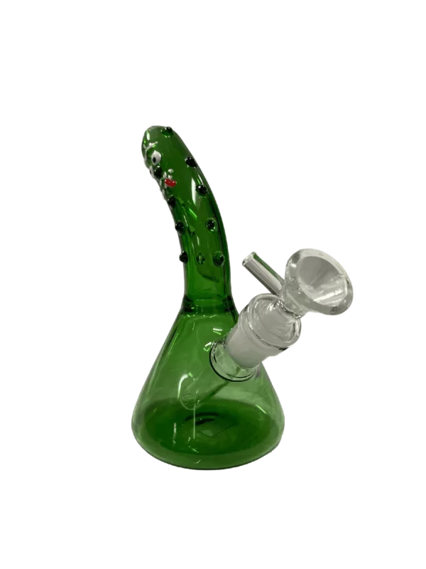 Clear green glass bong with long curved neck and small round base on green background.