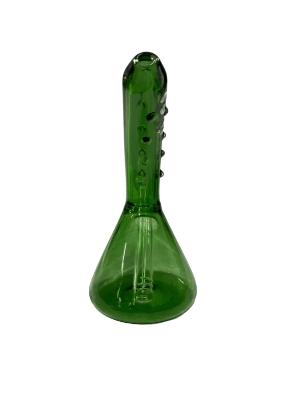 Green glass Pickle Water Pipe with a long, curved stem and small, round bowl. It has a clear stem and sits on a green background.