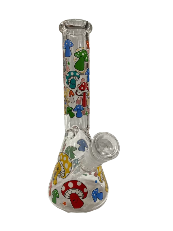 Colorful mushroom-themed glass waterpipe with clear cylindrical shape and round mouthpiece. #SmurfLand #WaterPipe #Bong #SmokingSupplies