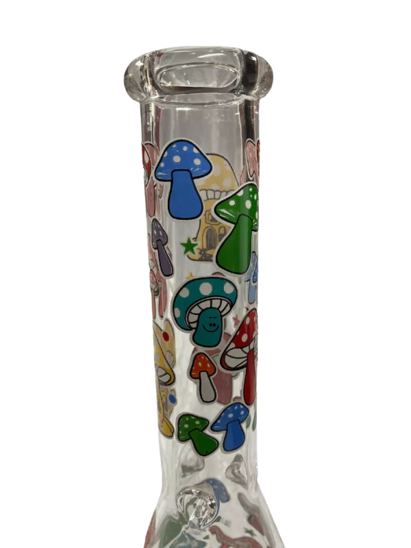Colorful glass bong with mushroom design, clear cylindrical shape, and small base.