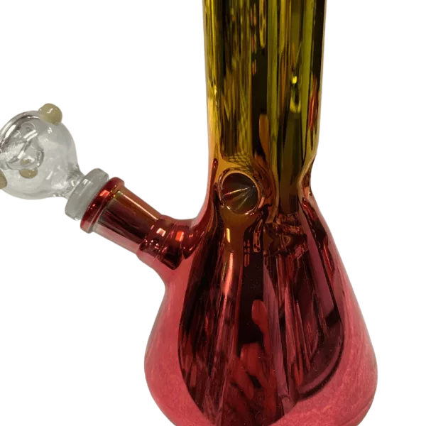 Handcrafted red and yellow glass bong with clear glass stem and bowl, large curved base and small round bowl.