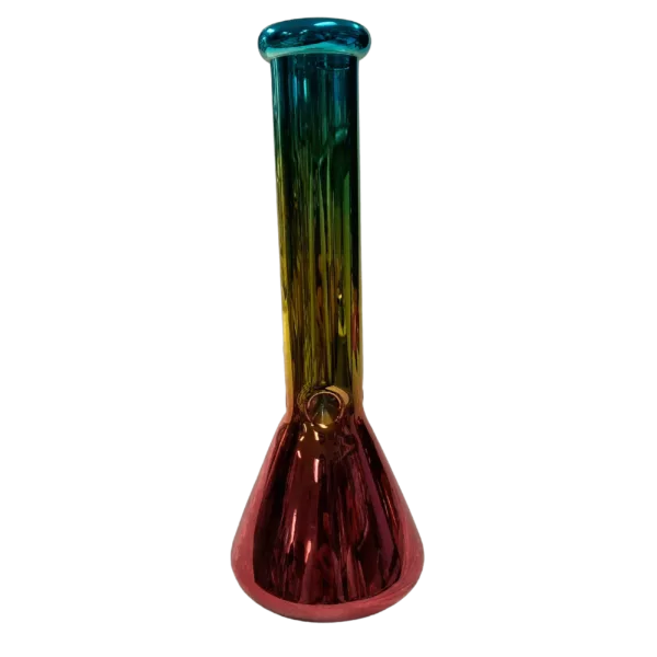 Multicolored glass beaker waterpipe with wide base and narrow neck, sitting on green background.