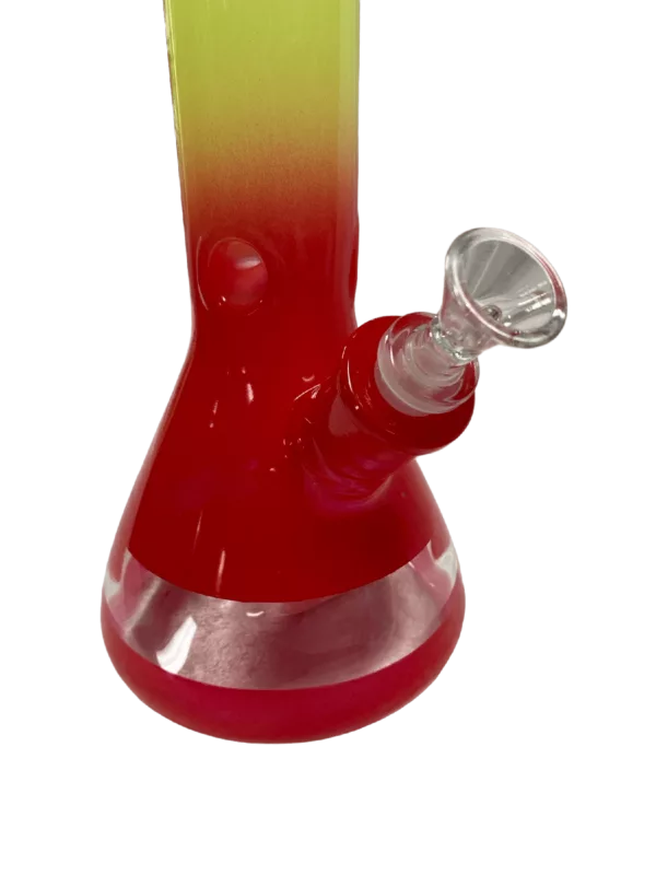 Red and yellow glass bong with clear base and small, round bowl. Long, curved stem with small, round knob on end. Base has small, round hole surrounded by red and yellow beads arranged in spiral pattern.