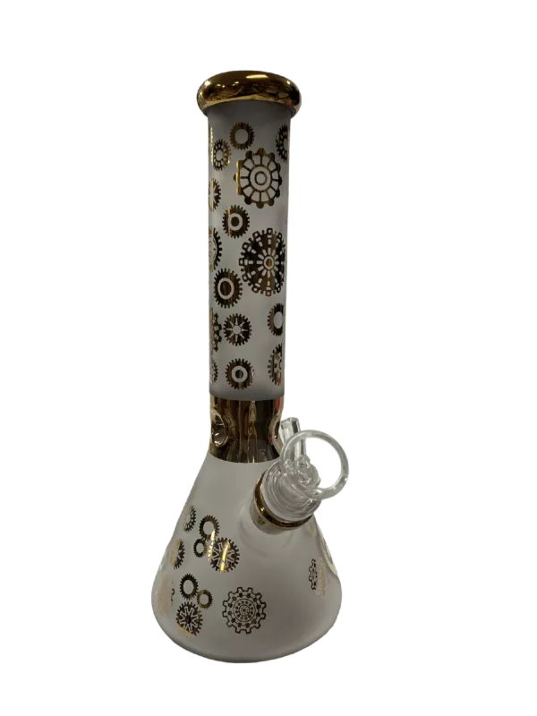 This golden and white glass bong features a pattern of interconnected circles and lines, with a round base and tapered neck. It has a small inhaling hole and a larger exhaling hole.