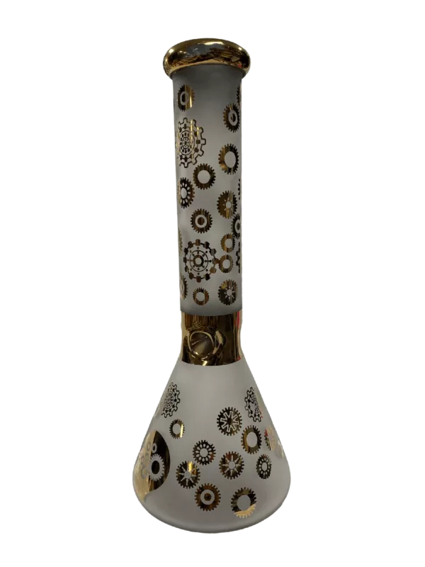 A glass water pipe with a gold and black geometric design on a flared base and round mouthpiece. Brand: BVTAN104.
