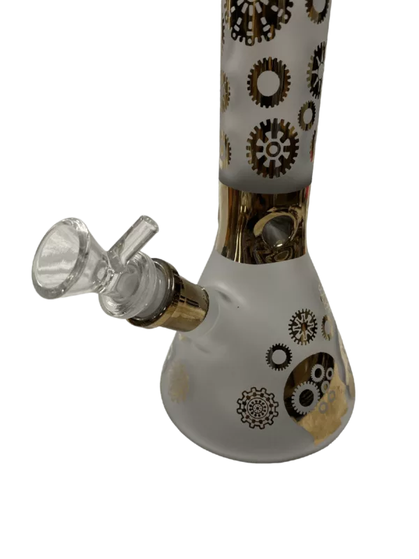 clear glass bong with a gold and white design featuring intricate geometric patterns. It has a long, curved shape and a small, round base.