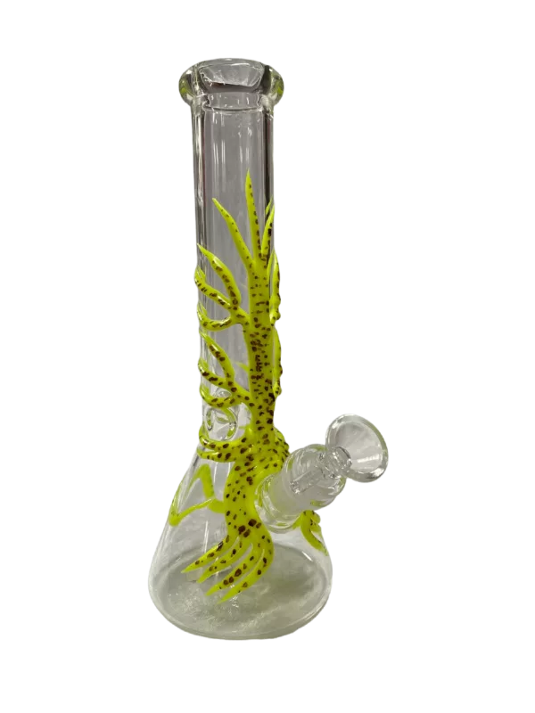 Sleek modern glass bong with yellow and green swirling design. Clear body, small curved neck, large round base with center hole. Glow Tree Water Pipe - BVTAN084.