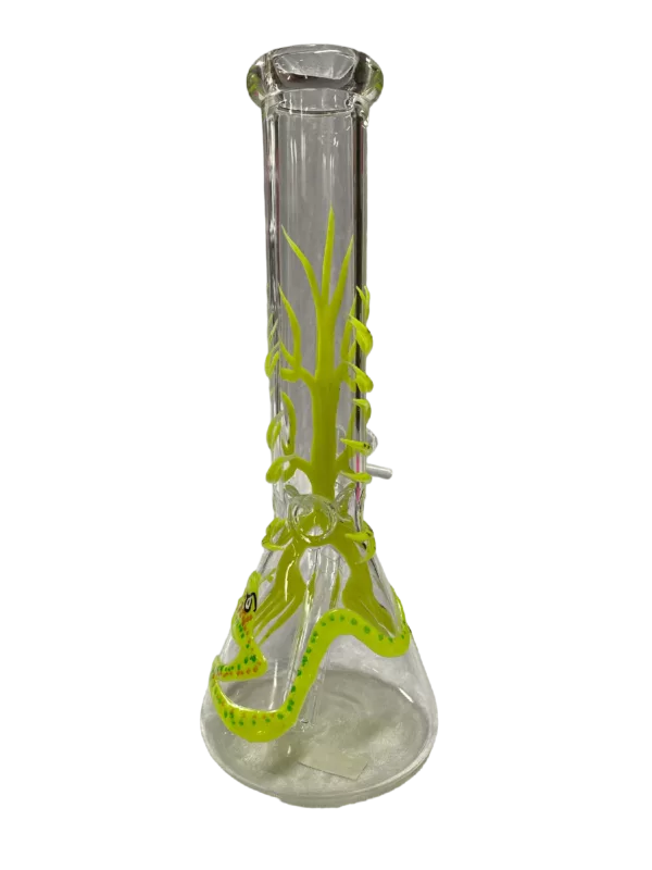 Glass bong with green and yellow snake, tree, and leaf design. Clear glass base and stem. Glows on a white background.