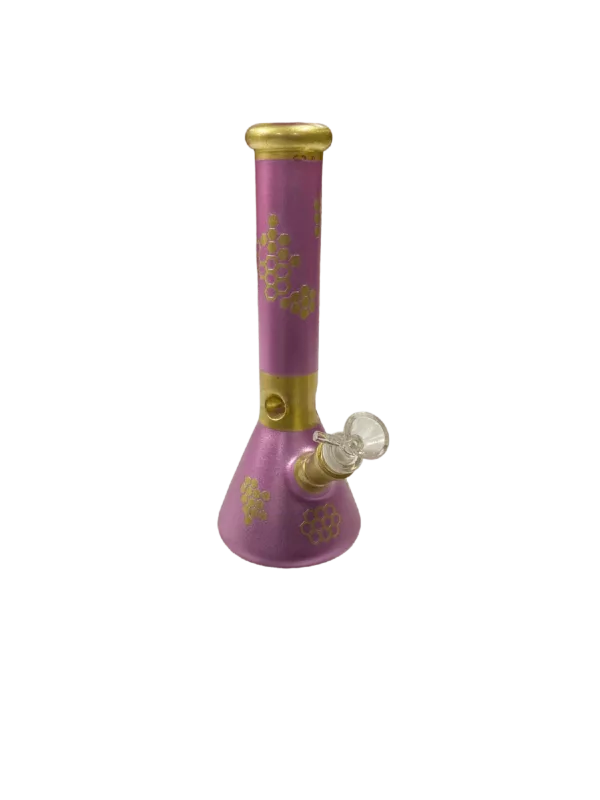 Purple glass bong with gold design, small round base, long curved neck, clear mouthpiece with small round bowl and circular hole. BVTAN16.