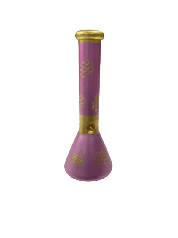 A purple glass water pipe with gold accents and a small mouthpiece, elegant and sophisticated design.