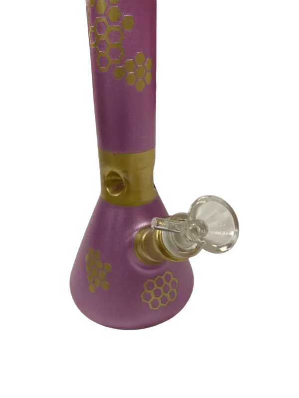 A purple glass bong with a gold and purple floral design, featuring a small round base, long curved neck, and mouthpiece with a circular hole. It is sitting on a white background.