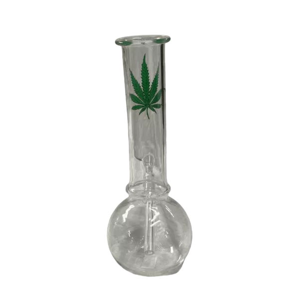 glass bong with a marijuana leaf design etched into the glass. It has a clear, cylindrical shape and a small, round base. The mouthpiece is attached to the neck and is shaped like a small, round ball. The bong is currently listed on a smoking company website.
