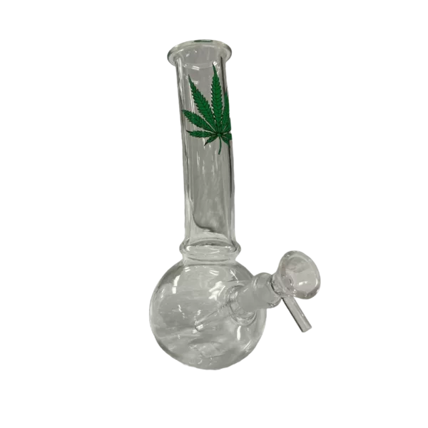 Bentleaf glass bong with green marijuana leaf on side, clear cylindrical shape, small circular base, long curved neck, and green background.