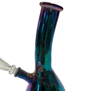 Purple and blue tinted glass water pipe with long, curved shape and small circular base. Modern, sleek design.