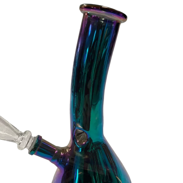 Purple and blue tinted glass water pipe with long, curved shape and small circular base. Modern, sleek design.