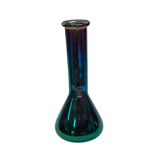 Show off your style with the Bent Chrome Beaker - BVAXS141, featuring a unique blue and purple tinted base and clear neck.