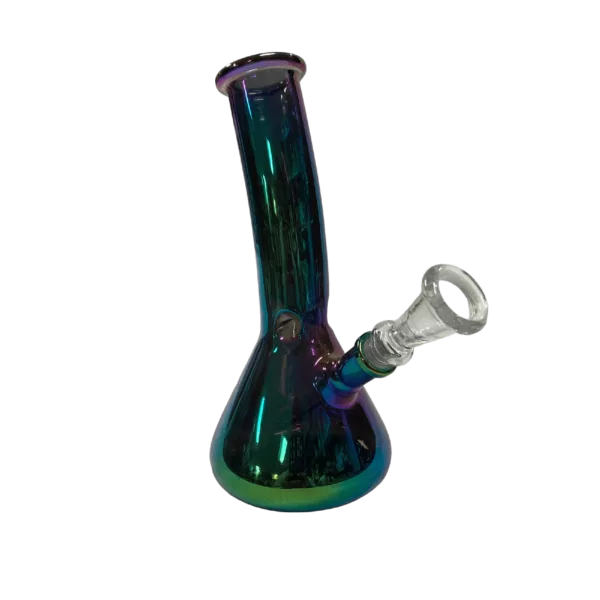 Clear glass bong with small, round base and long, curved neck. Small, round bowl. Green background.