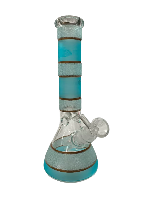Stylish Frosted Baby Water Pipe with blue and white stripes, clear glass base and stem, and a small, round base.