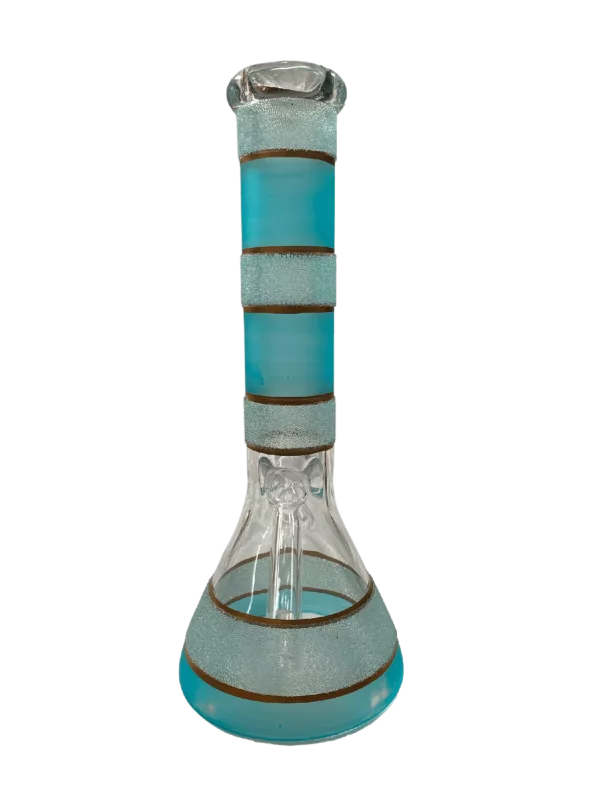 Glass bong with blue and white striped design, cylindrical shape, clear base, blue neck with white stripes.