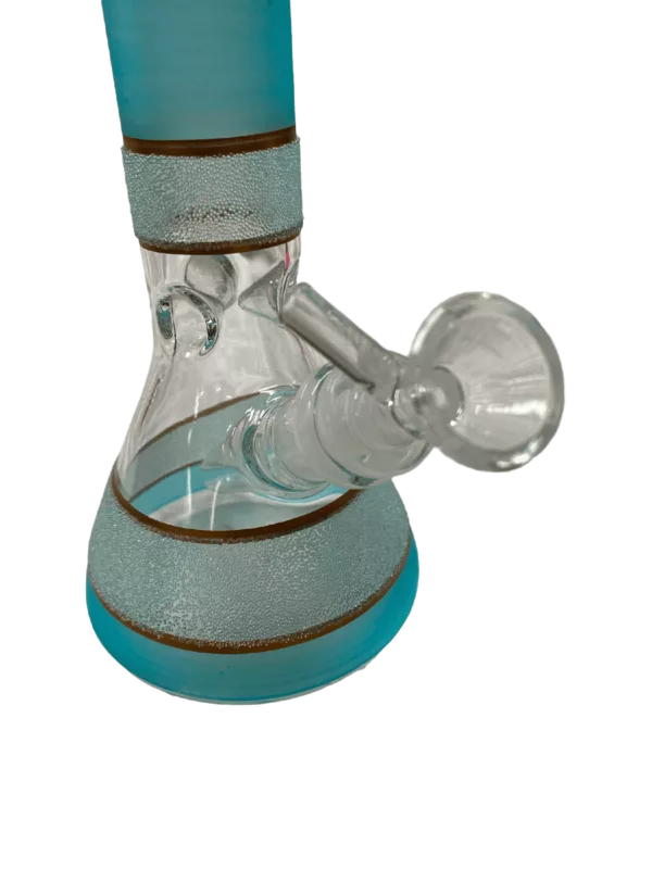 clear glass bong with a blue and white striped design on the outside and a small, round base and long, curved neck. It has a small, circular hole in the center of the base and a small, circular ring around the edge. The stem is clear and has a small, circular hole at the top, attached to the base with a small, circular ring. It is sitting on a white background.