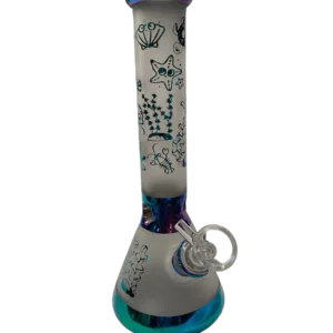 A colorful glass bong with a sea creature design, clear base, and rings on the top and bottom. It is sitting on a white background.