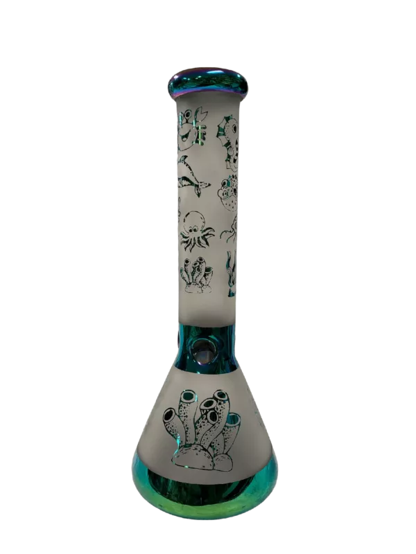 Glass bong with blue and green design, curved shape, small bowl, clear stem, and white background.