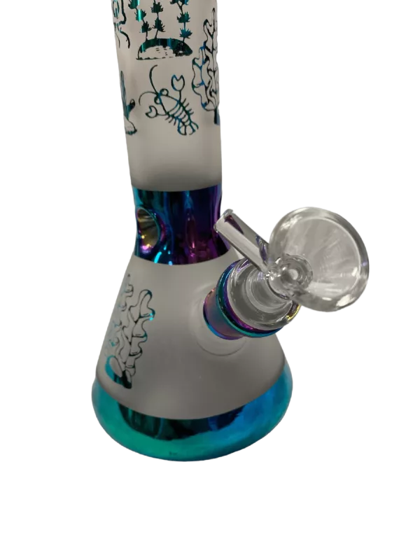 Colorful glass bong with dragon/phoenix design on base and skull/crossbones on stem, TAN06.
