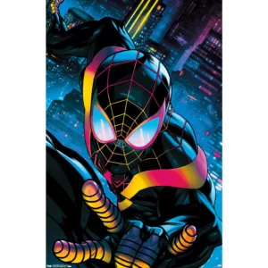 Dark and mysterious poster featuring Spider-Man Miles Morales in neon costume, standing in front of cityscape at night.