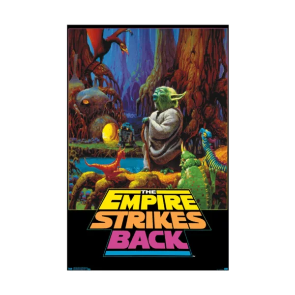 The Empire Strikes Back Neon Poster features a black and white image of Luke Skywalker and his companions fighting on the planet Dagobah, with a dark and moody style and a sense of danger and adventure.