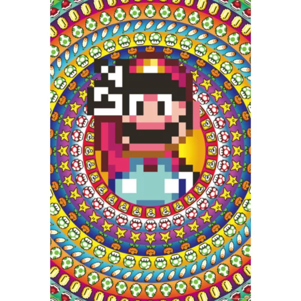 A pixel art poster featuring a cartoon character, likely Mario, with a colorful background and classic video game style.